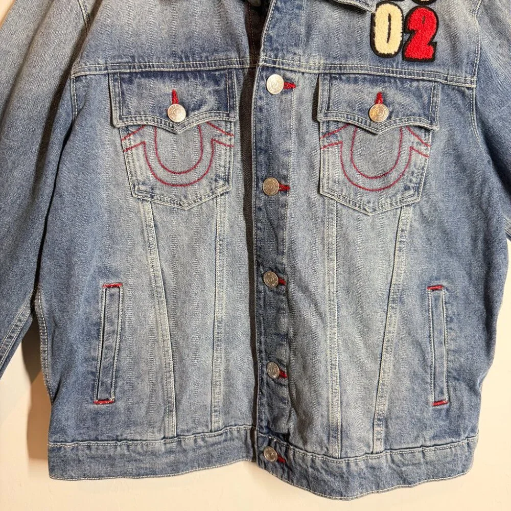 NWT Vintage inspired True Religion Denim Jacket Y2K 2002 Patches Medium Wash L